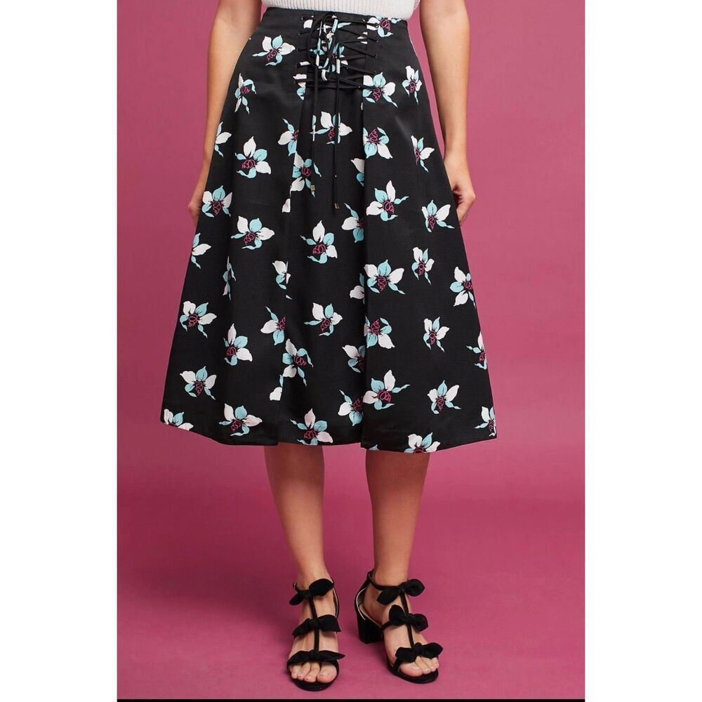 Anthropologie Maeve Zadie Floral Lace-Up Midi Skirt Sz 8 NWT Cottagecore Romanti - Picture 4 of 14